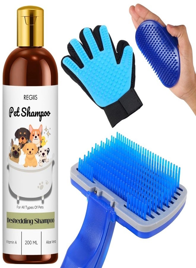 REGIIS Pet Grooming Kit, Deshedding Shampoo with Vitamin A and Aloe Vera, 200 ML, Blue Brush and Glove for Dogs(4 Pack) - Image 1